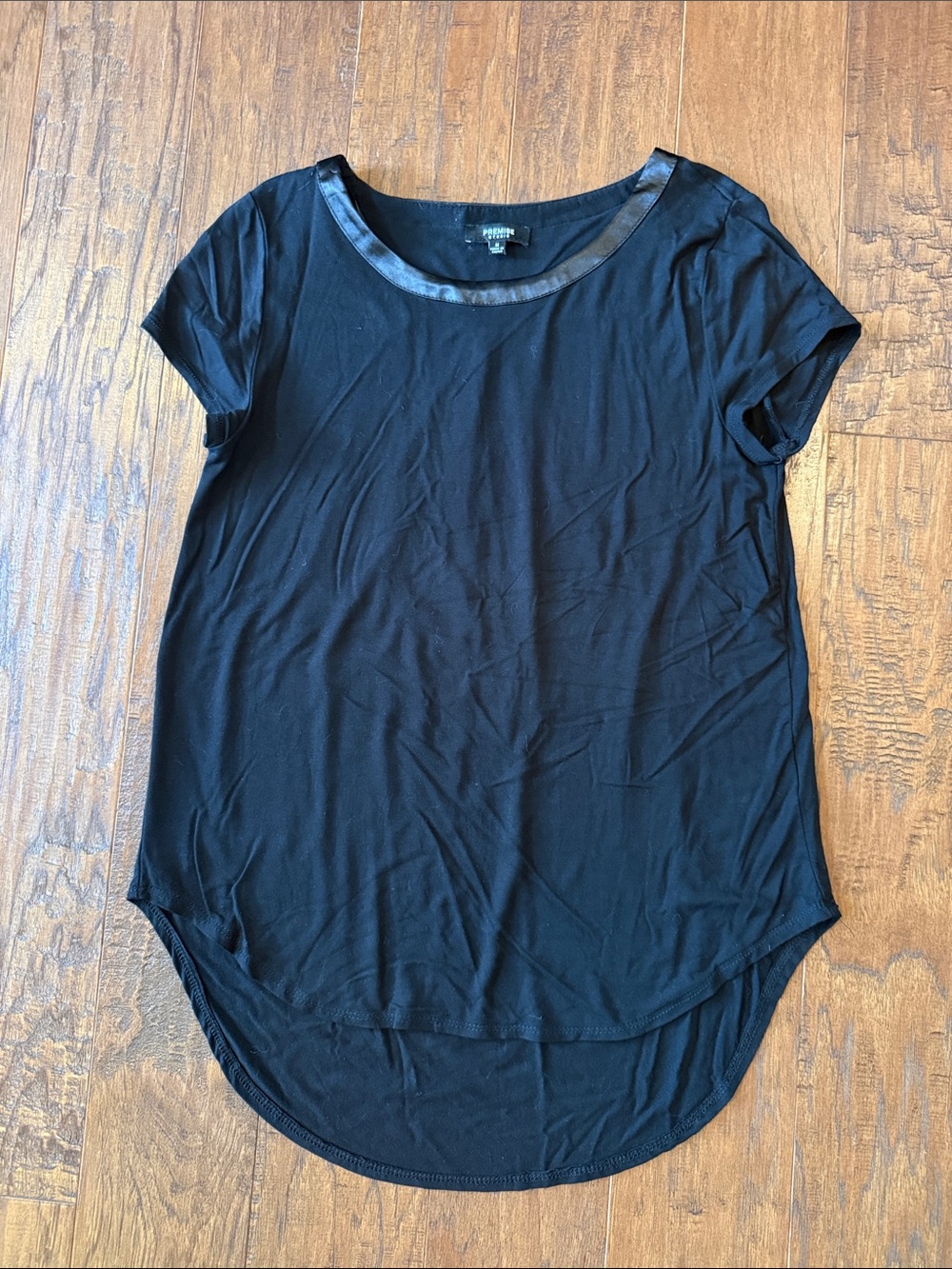 Premise Black Short Sleeve Tee with Satin Neckline
